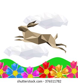 Illustration with jumping origami rabbit on flower landscape