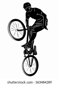 illustration jumping rider on a bike . black and white sketch.white background