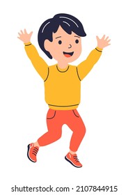 Illustration of jumping smiling boy. Child in cartoon style. Image for school and kindergarten.