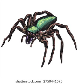 illustration of jumping spider. Bagheera kiplingi. Colorful, hand-drawn, vector illustration. Picturesque. Unique detailed stylization. Print on sketchbooks, stickers, postcards, cups, clothes, posters.