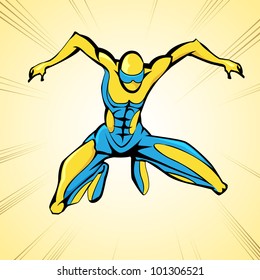 illustration of jumping superhero on abstract background