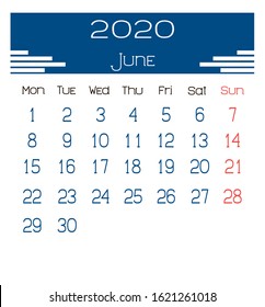 Illustration of June 2020 year calendar on english language in vector. Week starts on Monday, Sunday highlighted. No holidays highlighted and gradients. Desk Calendar 2020 design template