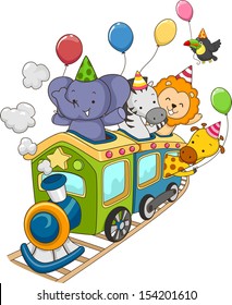 Illustration of Jungle Animals Holding Party Balloons Riding a Locomotive Train