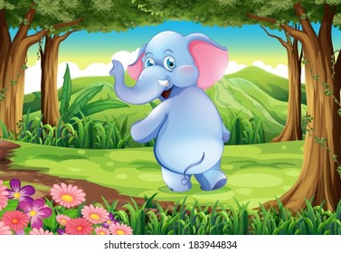 Illustration of a jungle with a blue elephant