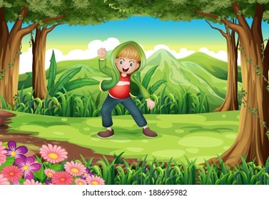 Illustration of a jungle with a boy dancing