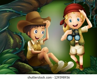 Illustration of a jungle with a boy and a girl