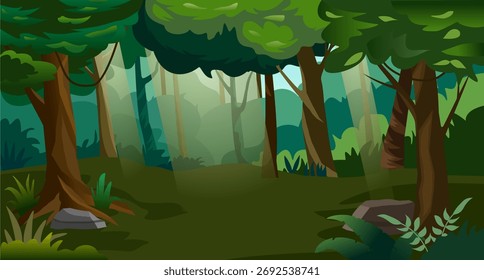 Illustration of jungle or forest with sun rays through the trees