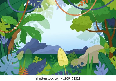 Illustration of a jungle landscape in cartoon style. Trees and palms frame the mountain landscape.
