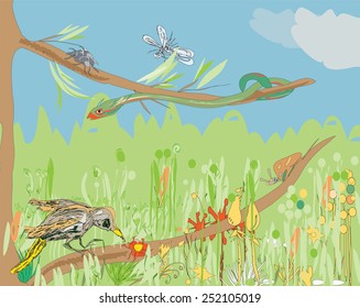 Illustration of a jungle life - insects, birds, plants, snakes and other, all hand drawn in primitive manner
