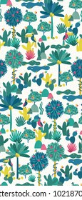 Illustration of jungle paradise or jungle trees, cactuses on background with dots. Hand draw jungle, toucan, bird, snake, apple tree, cactus, palm tree. Pattern for fabric, wallpaper, kids goods. 