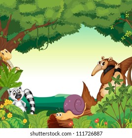 Illustration of a jungle scene with various animals