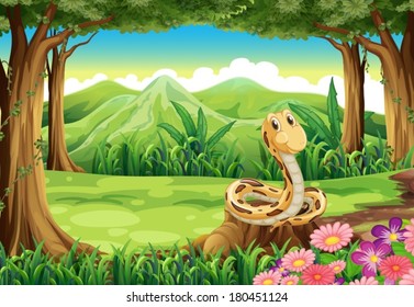 Illustration of a jungle with a snake above the stump