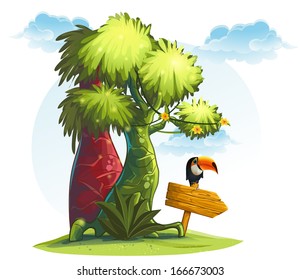 Illustration jungle trees with wooden pointer and bird toucan