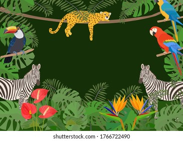 Illustration of jungle. Wild animals and plants.