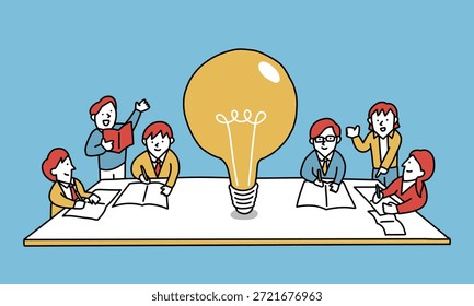 Illustration of junior high and high school students and their instructors studying towards a big goal