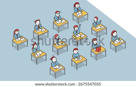 Illustration of junior high and high school students taking a class together