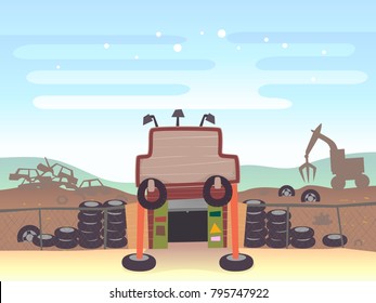 Illustration of a Junk Shop Entrance into its Junkyard with Cars and Tires Inside