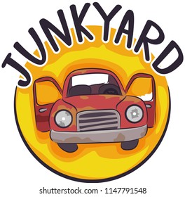 Illustration of a Junkyard Icon with an Old and Abandoned Card with Doors Open