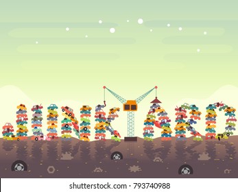 Illustration of a Junkyard Lettering Made with Stacked Damaged Cars with a Heavy Equipment for Lifting