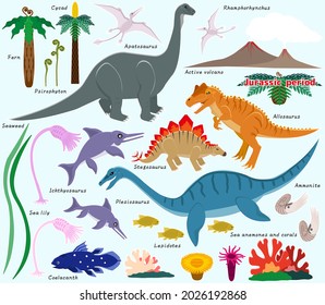 Illustration of Jurassic land, sea and air dinosaurs.