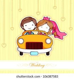 illustration of just married couple in car