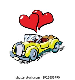 illustration of just married couple in car on white background