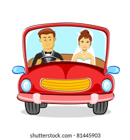 illustration of just married couple in car