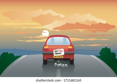 An illustration of a 'Just Married ' couple driving into the sunset for a new future together, traditionally with empty tin cans tied to the rear of their vehicle