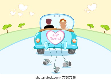 Illustration Of Just Married Couple In Wedding Car