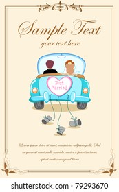 illustration of just married couple in wedding car