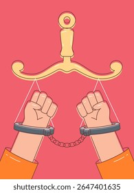 Ilustração do conceito de justiça mostrando as mãos algemadas em escala sobre fundo rosa. A cena retrata a luta por justiça