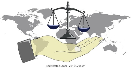 illustration of a justice scale held in a human hand, symbolizing equality, fairness, and law, set for International Justice Day