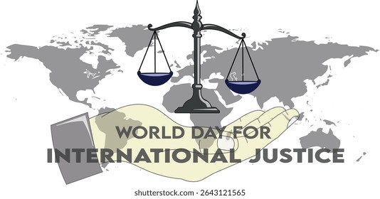 illustration of a justice scale held in a human hand, symbolizing equality, fairness, and law, set for International Justice Day