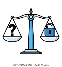 Ilustração de uma escala de justiça com um ponto de interrogação e um cadeado, simbolizando escolhas.