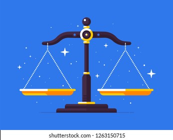 Illustration of justice scales in flat style. Equilibrium icon. Law, balance, economy.