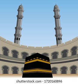Ilustración de Ka'bah con la mezquita y la torre en el fondo