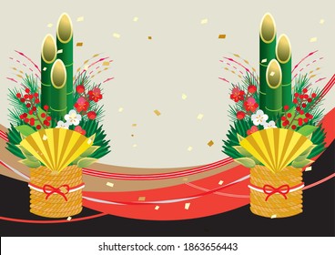 It is an illustration of Kadomatsu with a beautiful background pattern of Japan and New Year's decorations.