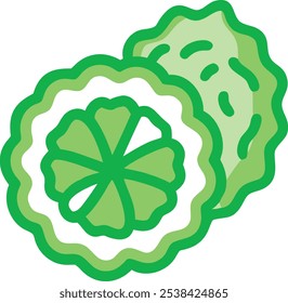 Illustration of kaffir-lime with green leaf, Vector illustration of kaffir-lime clustered together with a green leaf, showcasing a simple, minimalistic,stylized vector,colorful design.