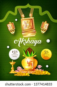 illustration of kalash and gold coins, gold jewellery for Indian festival Akshay Tritiya