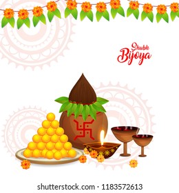 Illustration of Kalash, Sweets, Diya  Background Design For Shubh Bijoya.
