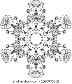Illustration of a kaleidoscope. Mandala of flowers. Fractal of life.