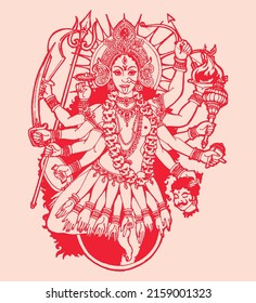 An illustration of the Kali goddess of Indian religion on the red background