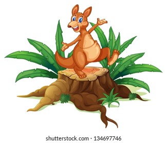 Illustration of a kangaroo above a trunk on a white background