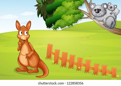 Illustration of a kangaroo and bears in a beautiful nature