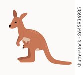 Illustration of a Kangaroo with Joey in Pouch in a Flat Cartoon Style