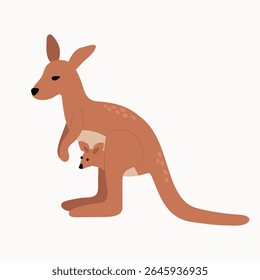 Illustration of a Kangaroo with Joey in Pouch in a Flat Cartoon Style
