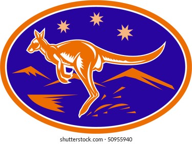 Illustration of a kangaroo jumping side view set inside oval