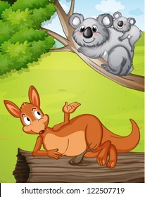 Illustration of a kangaroo and koalas in a beautiful nature