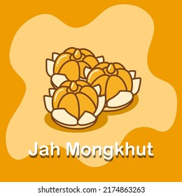 Illustration of Kanom Jah Mong Kut on yellow background. A variety of beautiful Thai Desserts