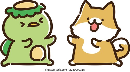 Ilustración de Kappa, un monstruo tradicional japonés, y un inu shiba enfrentándose y hablando alegremente